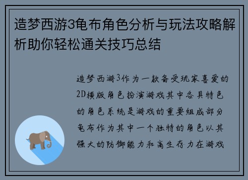 造梦西游3龟布角色分析与玩法攻略解析助你轻松通关技巧总结